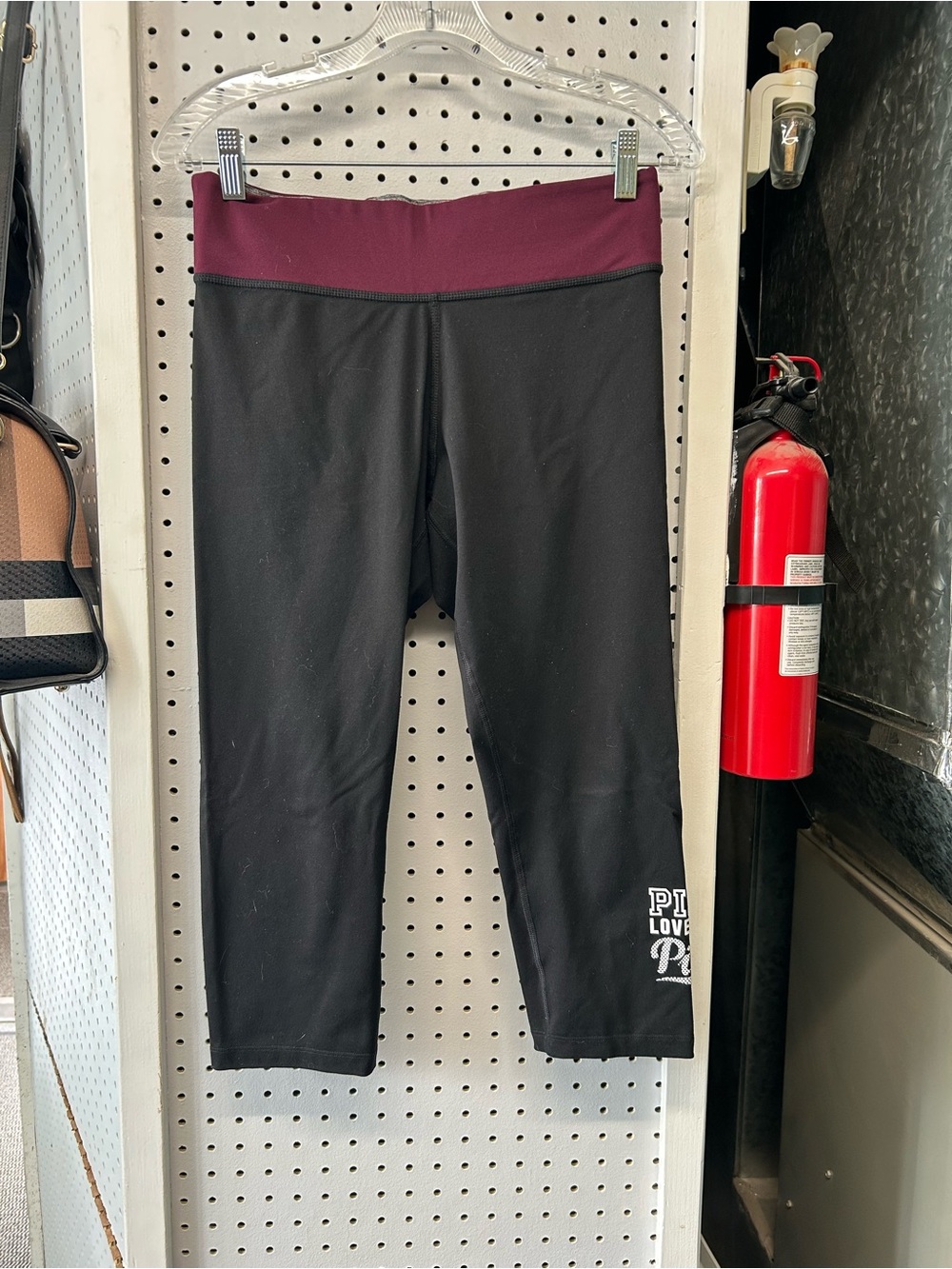 Victoria's Secret Black Capri Leggings with Burgundy Waistband